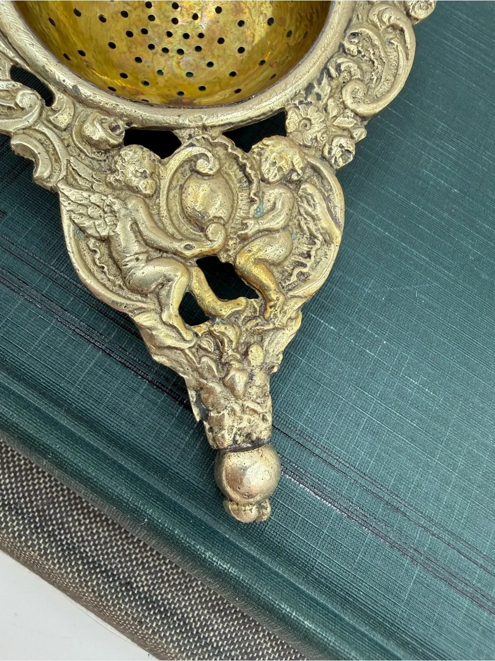 Antique Metal Tea Stainer Ornate Design with Cherubs